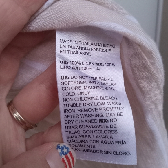 Chico's 100% Linen Tan White Striped FreshChic Non Iron Button Up Size 2 12/14 L - Picture 5 of 9